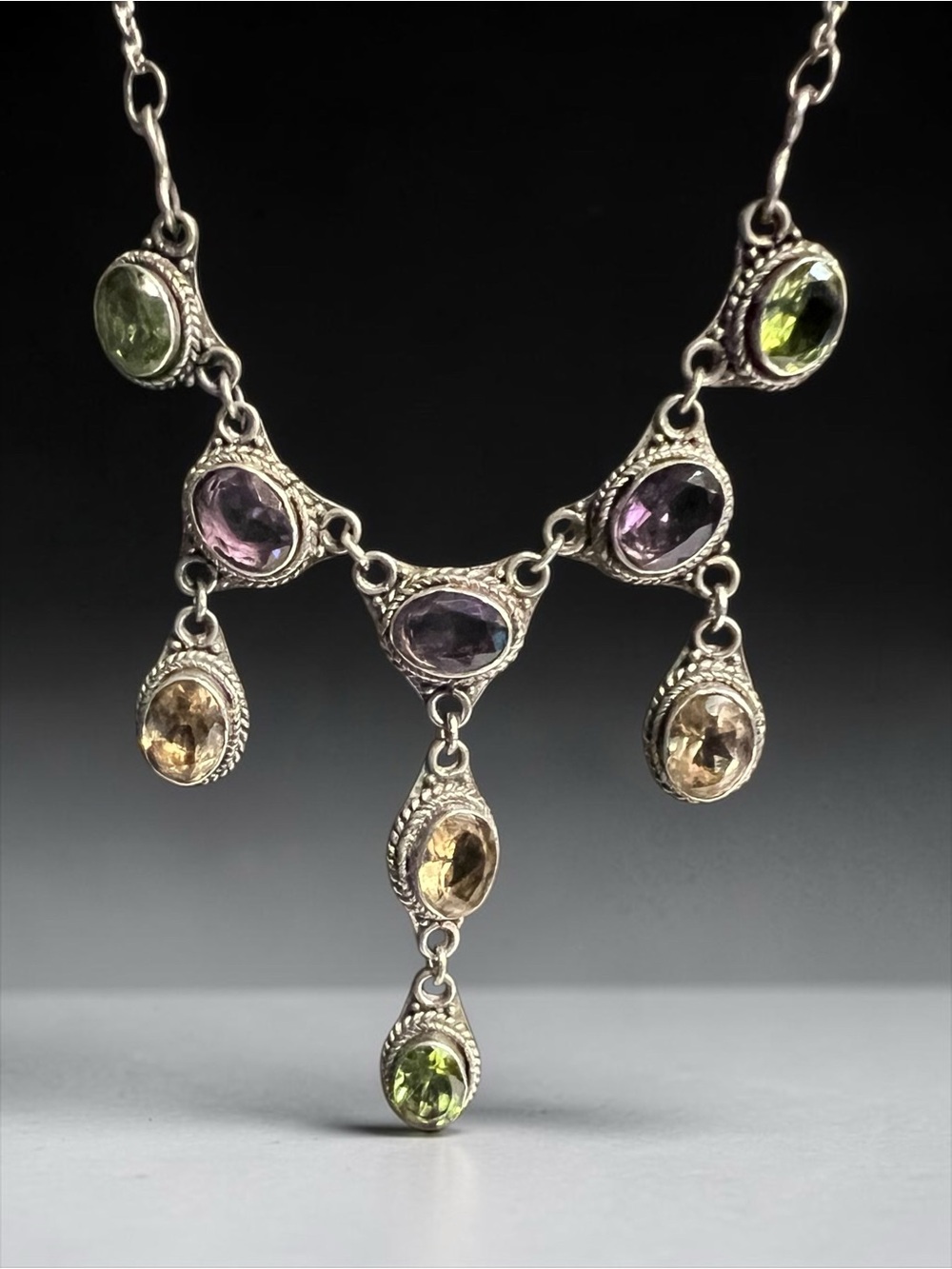 💖 Sterling Silver Amethyst Peridot Citrine Drop Necklace 💖